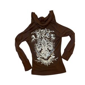 Y2K style Angel graphic embroidered (L) women’s hoody LS brown pullover top